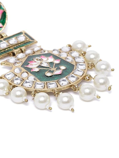 Green And Pink Meenakari Lotus Kundan Dangle Earrings