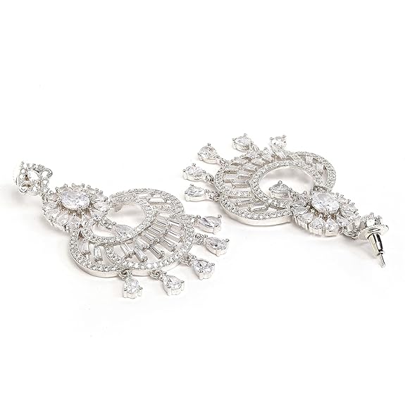 American Diamond Chandbali Earrings in Rhodium Plated Stylish Shiny Round Design Maang Tikka Set