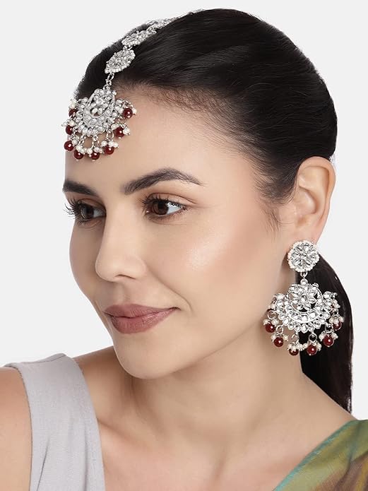 Traditional Earrings India in Rhodium Plated Kundan & Faux Pearl Chandbali Maang Tikka Set