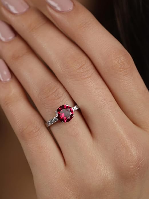 Red Heart Silver Ring in 925 Sterling Silver Round Stone Design with Adjustable Band
