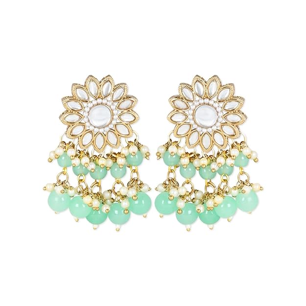 Kundan Choker Necklace Set in 18K Gold Plated Traditional Kundan Studded Pearl Hanging Choker Necklace Jewellery Set with Earrings and Maang Tikka