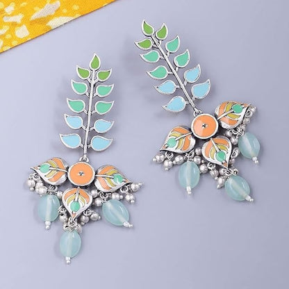 Silver Leaf Earrings in Oxidised Multicolor Long Drop Leaf Design for Women and Girls
