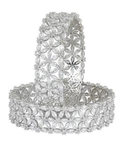 Bangles for Women Silver Toned White AD/American Diamond Studded Floral Designed 2 Pcs Set Bangles for Women and Girls
