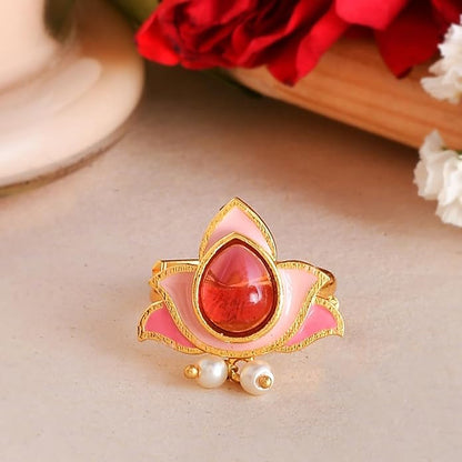 Pink Stone Pearl Kundan Ring
