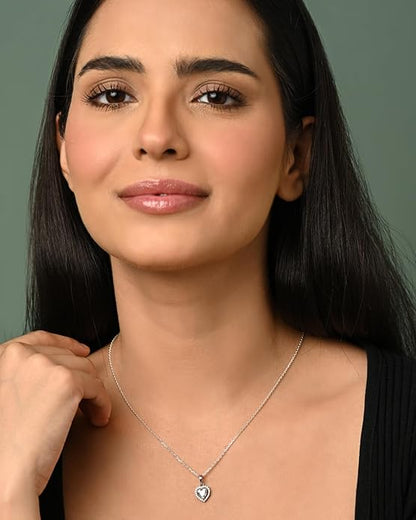 Diamond Pendant Set with Earrings in Sterling Silver Zilvia Heart Solitaire Design with Platinum Plated Swiss Zirconia