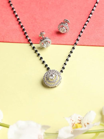 Mangalsutra with Earrings in 925 Sterling Silver Contemporary Stone Studded Platinum Plated Jewellery Set