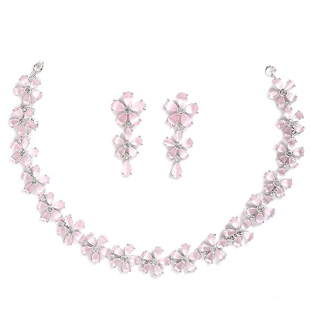 American Diamond Jewellery in Silver in Rhodium Plated Silver Toned White AD Studded Flower Shaped Jewellery Set