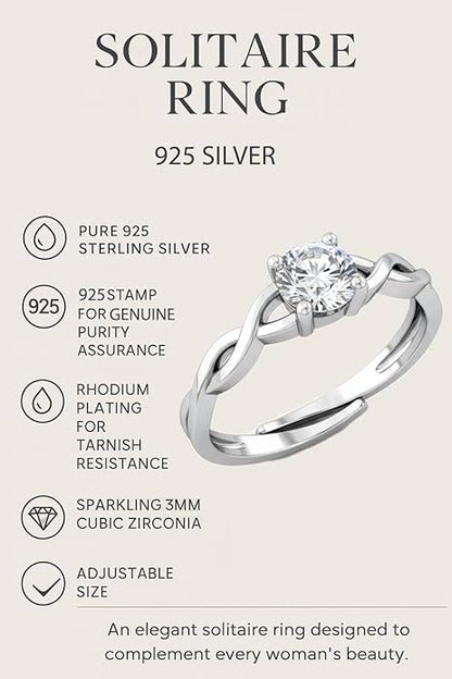 Engagement Rings for Women in Pure Silver Solitaire Modern Adjustable Design