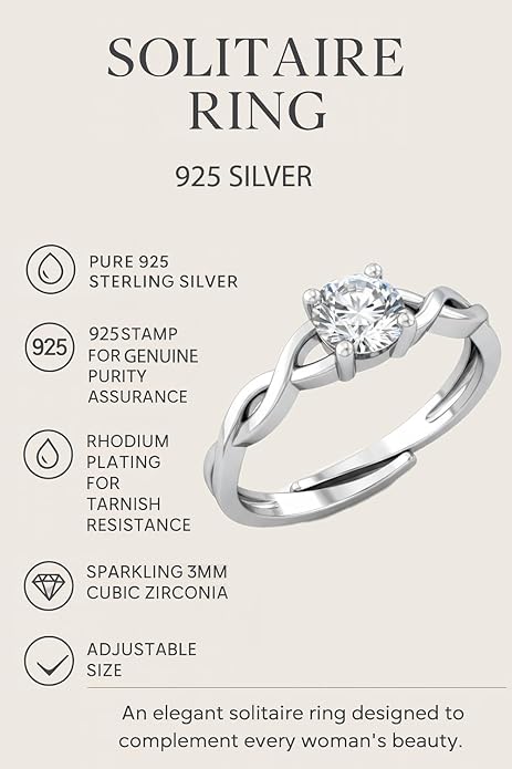 Engagement Rings for Women in Pure Silver Solitaire Modern Adjustable Design