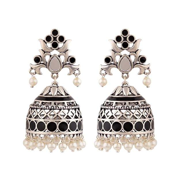 Oxidised Pink Pearl Jhumka Earrings