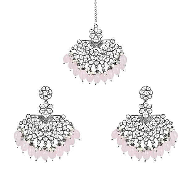 Silver Chandbali Earrings in Oxidised Kundan Pearl Design with Maang Tikka Set