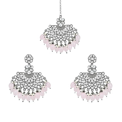 Silver Chandbali Earrings in Oxidised Kundan Pearl Design with Maang Tikka Set