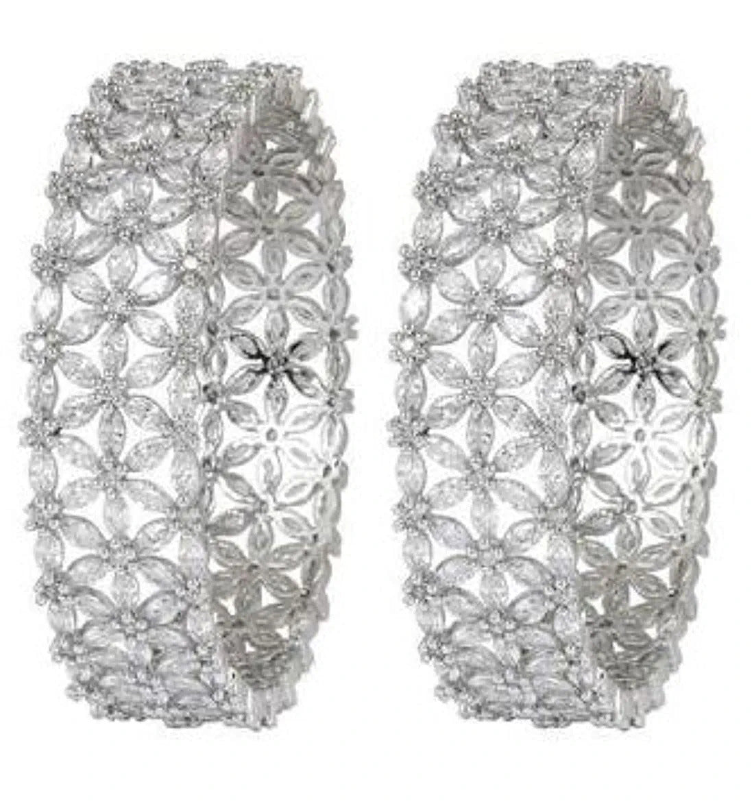 Bangles for Women Silver Toned White AD/American Diamond Studded Floral Designed 2 Pcs Set Bangles for Women and Girls