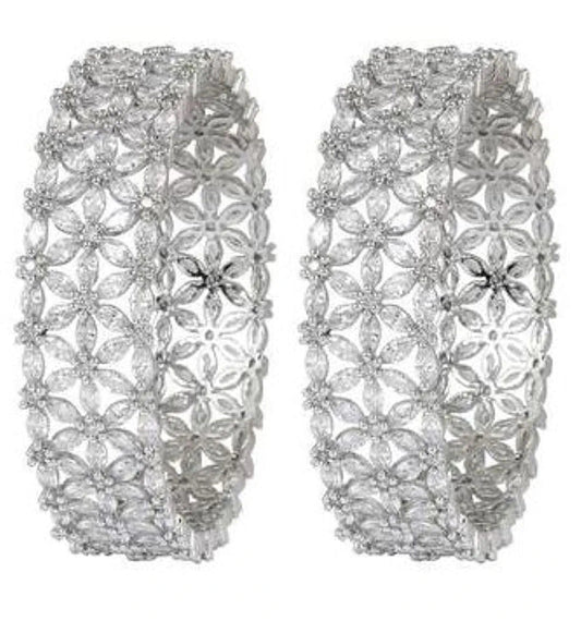 Bangles for Women Silver Toned White AD/American Diamond Studded Floral Designed 2 Pcs Set Bangles for Women and Girls