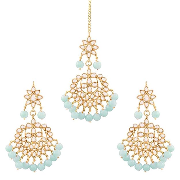 Bridal Mang Tika in Gold Plated Pearl and Kundan Studded Earring Set