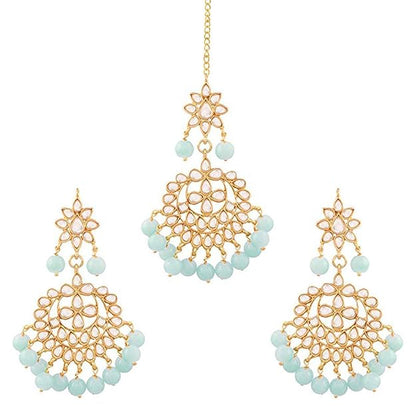Bridal Mang Tika in Gold Plated Pearl and Kundan Studded Earring Set