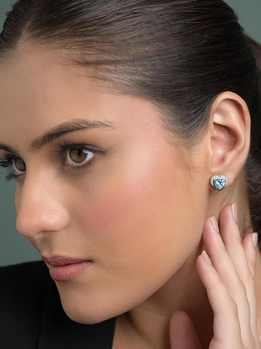 Heart Diamond Earrings in 925 Sterling Silver with Sky Blue Zirconia Design