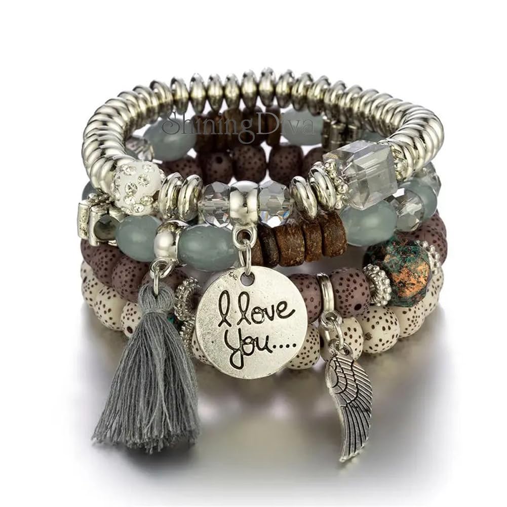 Bohemian I Love You Feather Charm Beaded Multilayer Bracelet for Women & Girls