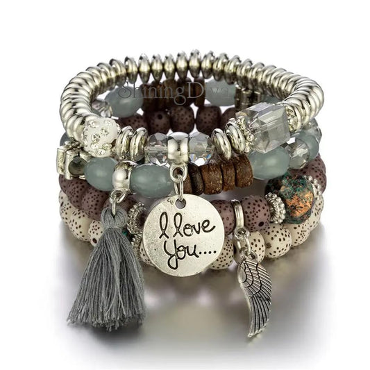 Bohemian I Love You Feather Charm Beaded Multilayer Bracelet for Women & Girls