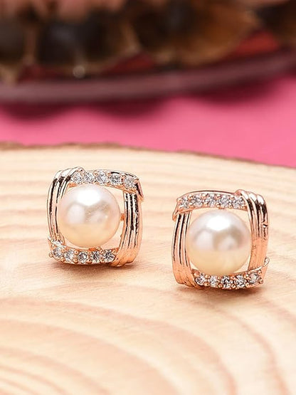 Rose Gold Cubic Zirconia Pearl Stud Earrings