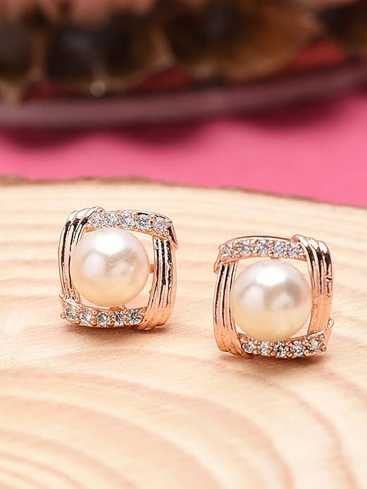 Rose Gold Cubic Zirconia Pearl Stud Earrings