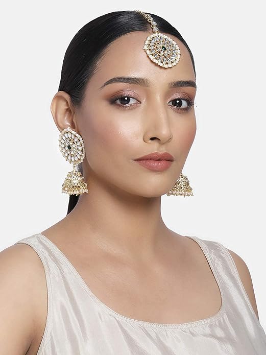 Green Mang Tika in Gold Plated Antique Finish Kundan & Pearl Jhumka Earring Set