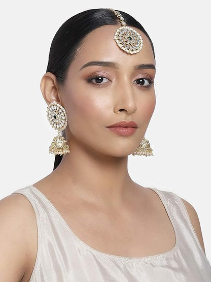 Green Mang Tika in Gold Plated Antique Finish Kundan & Pearl Jhumka Earring Set