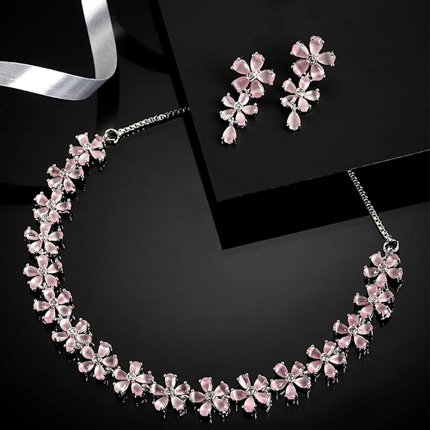 American Diamond Jewellery in Silver in Rhodium Plated Silver Toned White AD Studded Flower Shaped Jewellery Set