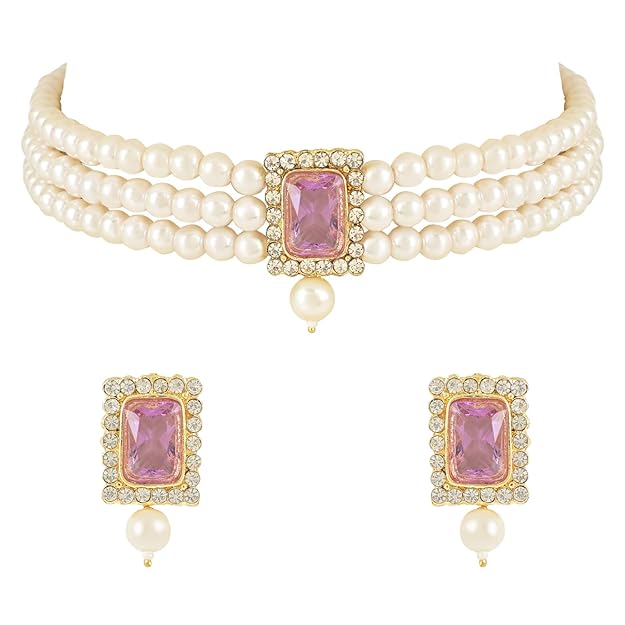 Pearl Choker Necklace in Gold Plated Traditional Stone and Pearl Choker Necklace Jewellery Set for Women