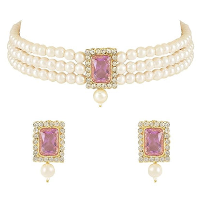 Pearl Choker Necklace in Gold Plated Traditional Stone and Pearl Choker Necklace Jewellery Set for Women