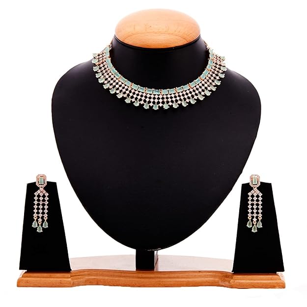 American Diamond Choker Set in Floral Design AD Studded Choker Necklace with Earrings for Women and Girls