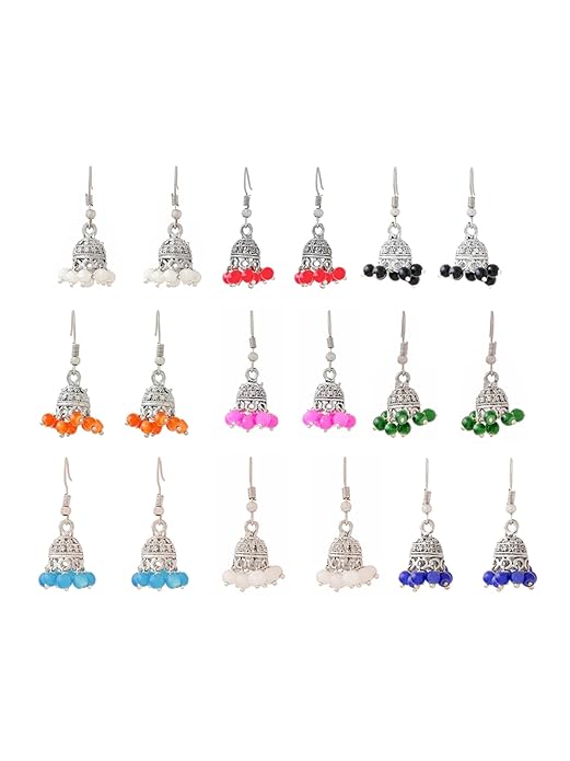 Silver Oxidised Chandbali Jhumka Earrings Set of 9 Colors