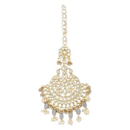 Maang Tikka with Pearl in Gold Plated Big Kundan Chandbali Earring Set