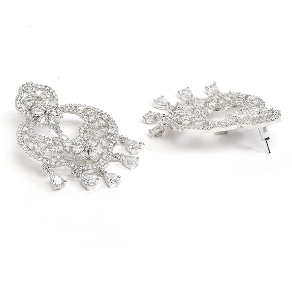 American Diamond Jewelry Set in Rhodium Plated Stylish Shiny Round Design Maang Tikka Earring Jewellery