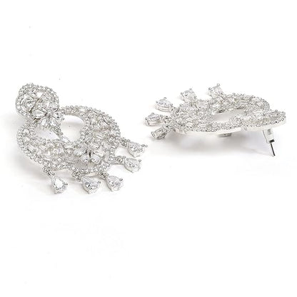 American Diamond Jewelry Set in Rhodium Plated Stylish Shiny Round Design Maang Tikka Earring Jewellery
