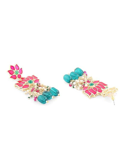 Green Beads Pink Meenakari Lotus Drop Earrings