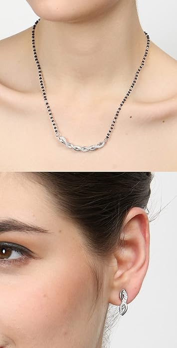 Mangalsutra Online in 925 Sterling Silver Stone Studded Contemporary Design with Earrings and Chain
