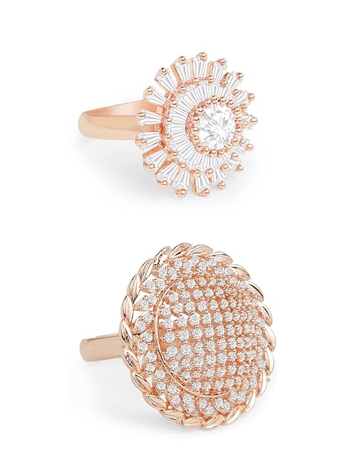 Rose Gold Cubic Zirconia Adjustable Ring Set Of 2