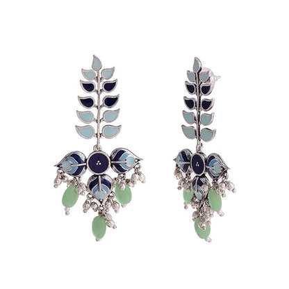 Silver Leaf Drop Earrings in Oxidised Multicolor Long Drop Design for Women and Girls