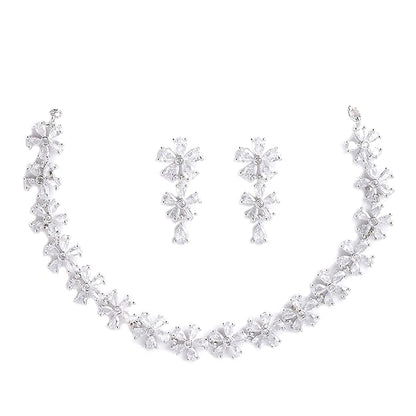 American Diamond Jewellery in Silver in Rhodium Plated Silver Toned White AD Studded Flower Shaped Jewellery Set