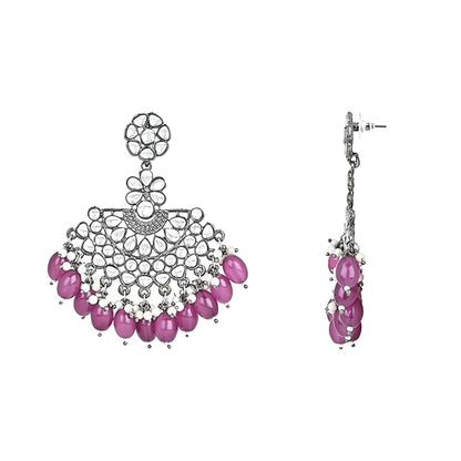 Silver Chandbali Earrings in Oxidised Kundan Pearl Design with Maang Tikka Set