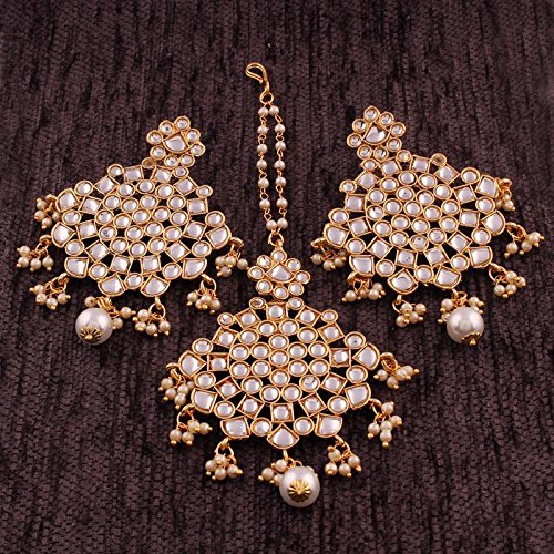 Diamond Mang Tika Style in Gold Plated Kundan & Pearl Earring Set