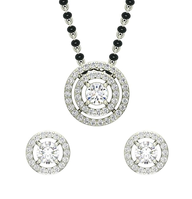 Mangalsutra with Earrings in 925 Sterling Silver Contemporary Stone Studded Platinum Plated Jewellery Set