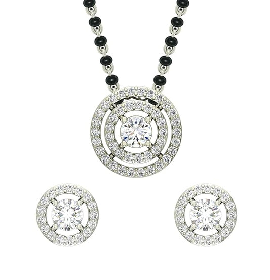 Mangalsutra with Earrings in 925 Sterling Silver Contemporary Stone Studded Platinum Plated Jewellery Set