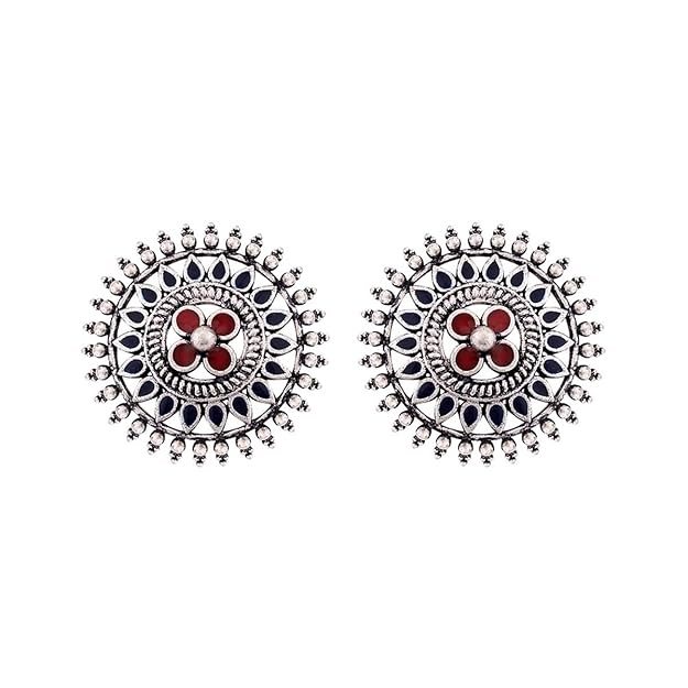 Oxidised Floral Mandala Silver Stud Earrings