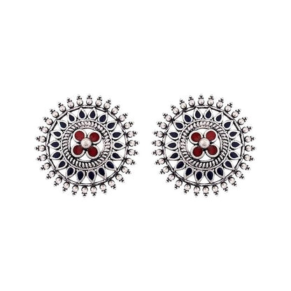Oxidised Floral Mandala Silver Stud Earrings