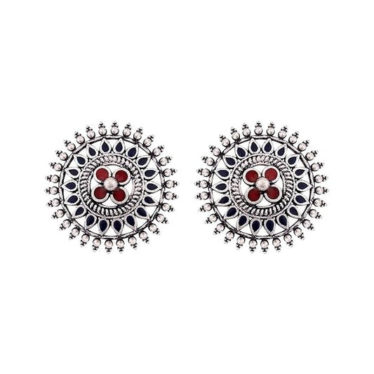 Oxidised Floral Mandala Silver Stud Earrings