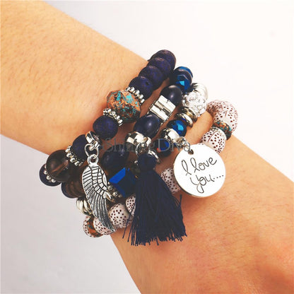 Bohemian I Love You Feather Charm Beaded Multilayer Bracelet for Women & Girls