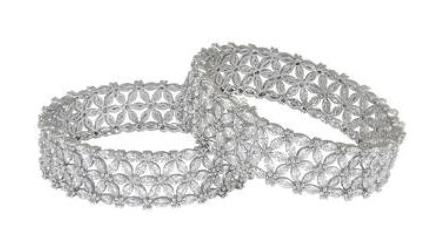 Bangles for Women Silver Toned White AD/American Diamond Studded Floral Designed 2 Pcs Set Bangles for Women and Girls