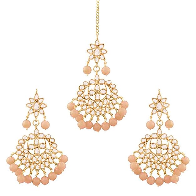 Bridal Mang Tika in Gold Plated Pearl and Kundan Studded Earring Set